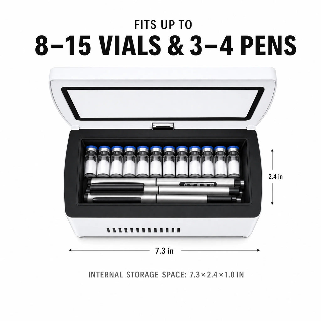 DoseDock travel cooler open lid showing multiple vials stored inside with blue interior lighting, touchscreen control panel on top