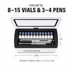 DoseDock travel cooler open lid showing multiple vials stored inside with blue interior lighting, touchscreen control panel on top