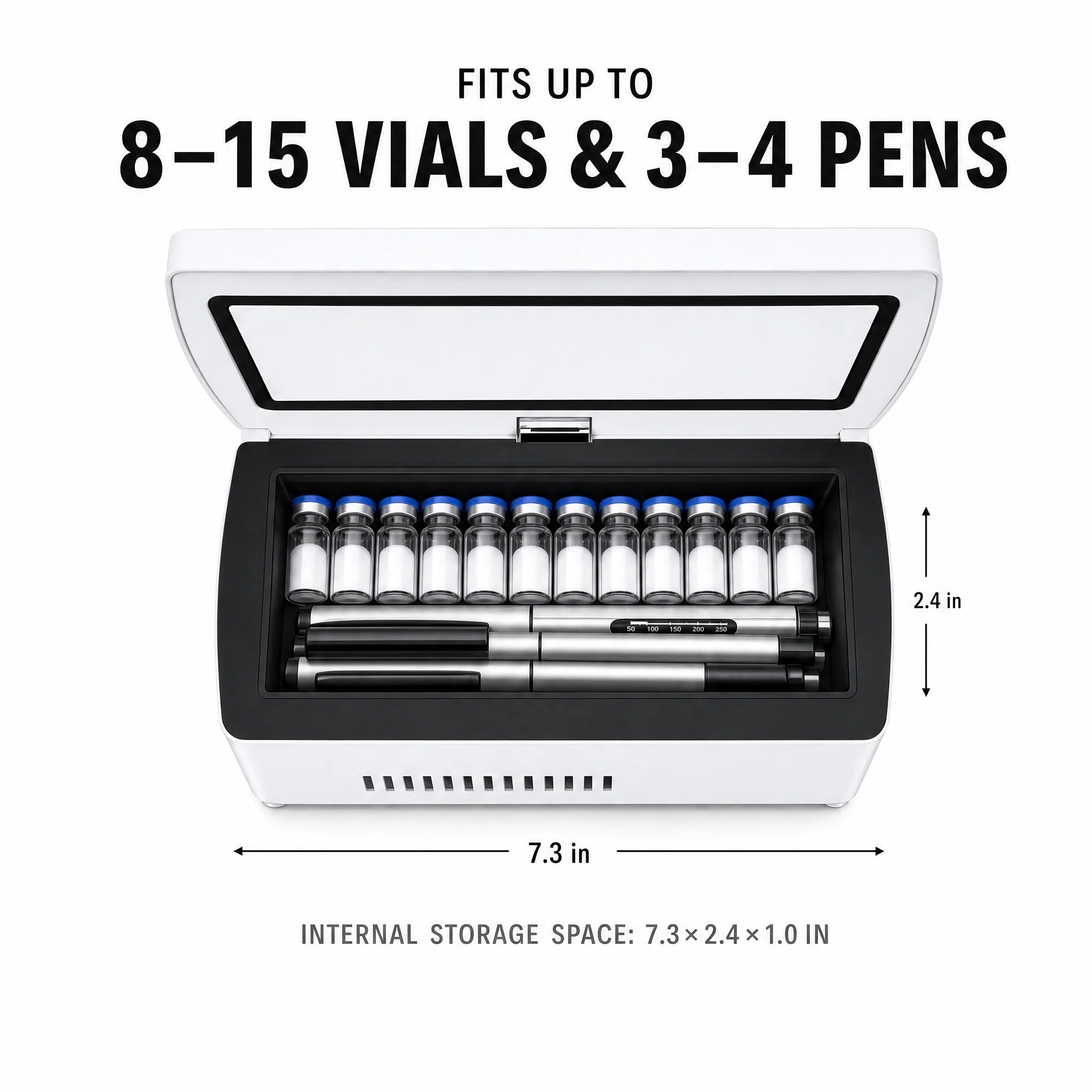 DoseDock travel cooler open lid showing multiple vials stored inside with blue interior lighting, touchscreen control panel on top