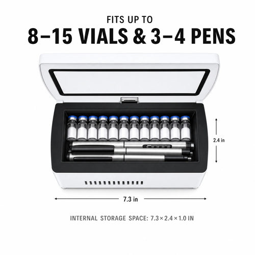 DoseDock travel cooler open lid showing multiple vials stored inside with blue interior lighting, touchscreen control panel on top