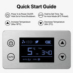 DoseDock cooler quick start guide showing touchscreen control panel buttons: power on/off, AUTO mode preset at 8°C, increase temperature up to 18°C, decrease temperature down to 2°C, LCD display showing 5°C and timer