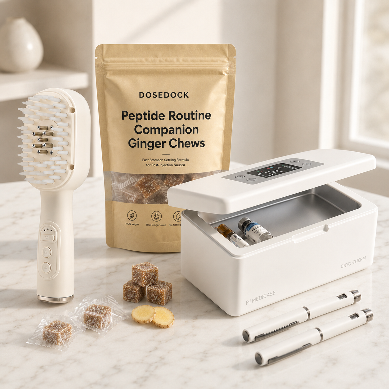 GLP-1 Wellness Kit by DoseDock with travel cooler, scalp massager, and ginger gummies