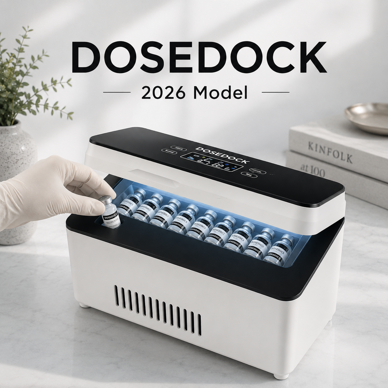 DoseDock touchscreen peptide and insulin travel cooler closed view, black touch panel with digital display, white compact body, TSA Approved