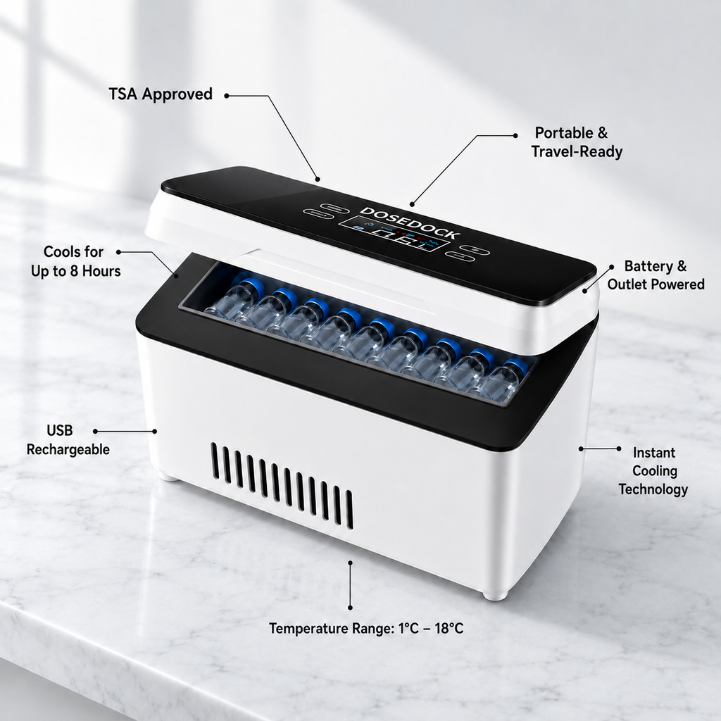 DoseDock insulin cooler feature diagram showing TSA Approved, portable travel-ready, cools up to 8 hours, battery and outlet powered, USB rechargeable, instant cooling technology, temperature range 1°C to 18°C