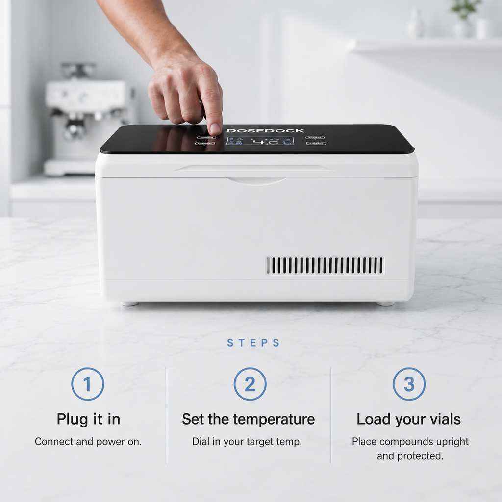 DoseDock Plus touchscreen cooler setup steps: step 1 plug it in, step 2 set the temperature via touch panel showing 4°C, step 3 load your vials upright and protected