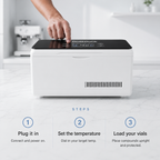 DoseDock Plus touchscreen cooler setup steps: step 1 plug it in, step 2 set the temperature via touch panel showing 4°C, step 3 load your vials upright and protected