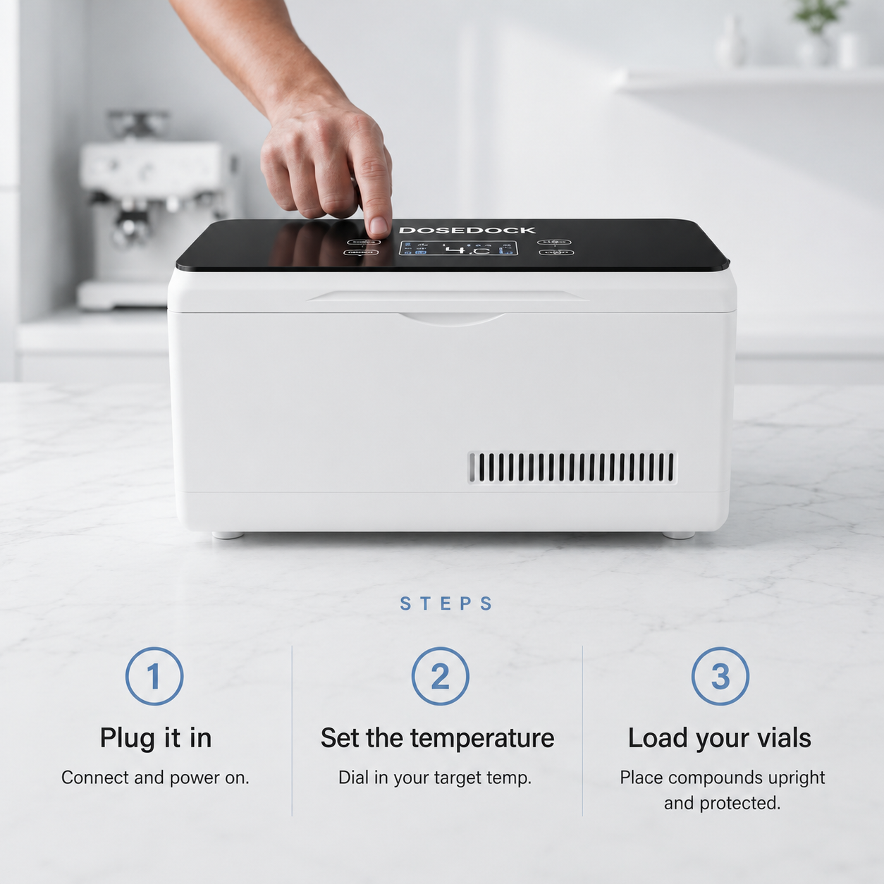 DoseDock Plus touchscreen cooler setup steps: step 1 plug it in, step 2 set the temperature via touch panel showing 4°C, step 3 load your vials upright and protected