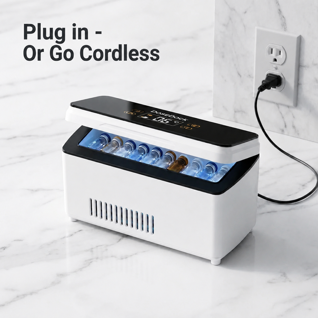 DoseDock peptide travel cooler plugged into wall outlet showing plug-in or cordless operation, open lid with vials inside, digital display showing 17.5°C
