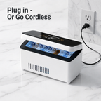 DoseDock peptide travel cooler plugged into wall outlet showing plug-in or cordless operation, open lid with vials inside, digital display showing 17.5°C