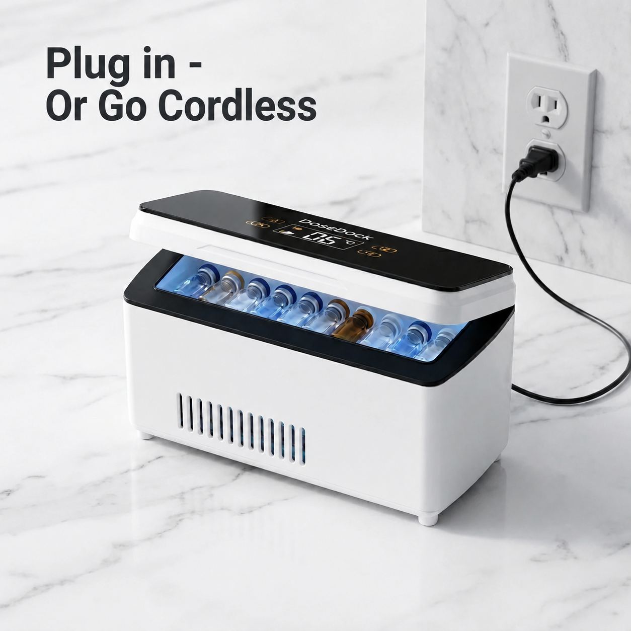 DoseDock peptide travel cooler plugged into wall outlet showing plug-in or cordless operation, open lid with vials inside, digital display showing 17.5°C