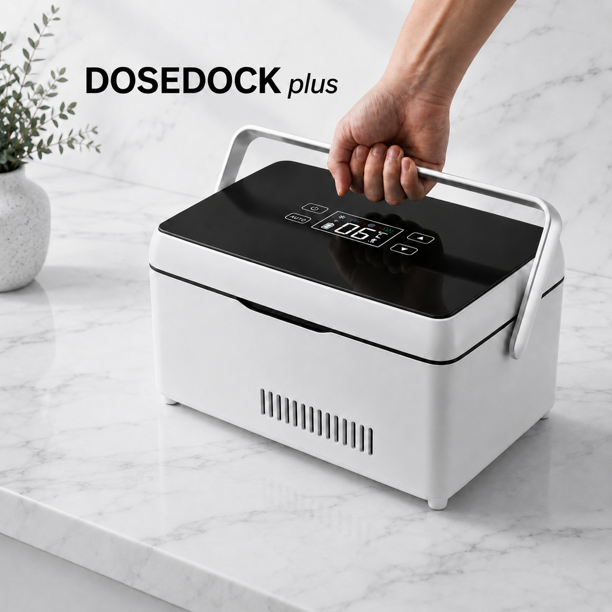DoseDock Plus peptide and insulin travel cooler with carry handle, black touchscreen control panel showing 6°C, white compact body on marble surface