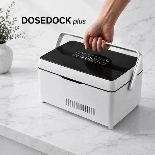 DoseDock Plus peptide and insulin travel cooler with carry handle, black touchscreen control panel showing 6°C, white compact body on marble surface