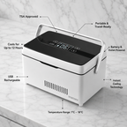 DoseDock Plus feature diagram showing TSA Approved, portable travel-ready design with carry handle, cools up to 12 hours, battery and outlet powered, USB rechargeable, instant cooling technology, temperature range 1°C to 18°C