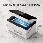 DoseDock Plus open lid showing 25-30 vials stored inside blue-lit interior, outer dimensions 9x5.75x4.75 inches, large capacity peptide and insulin cooler