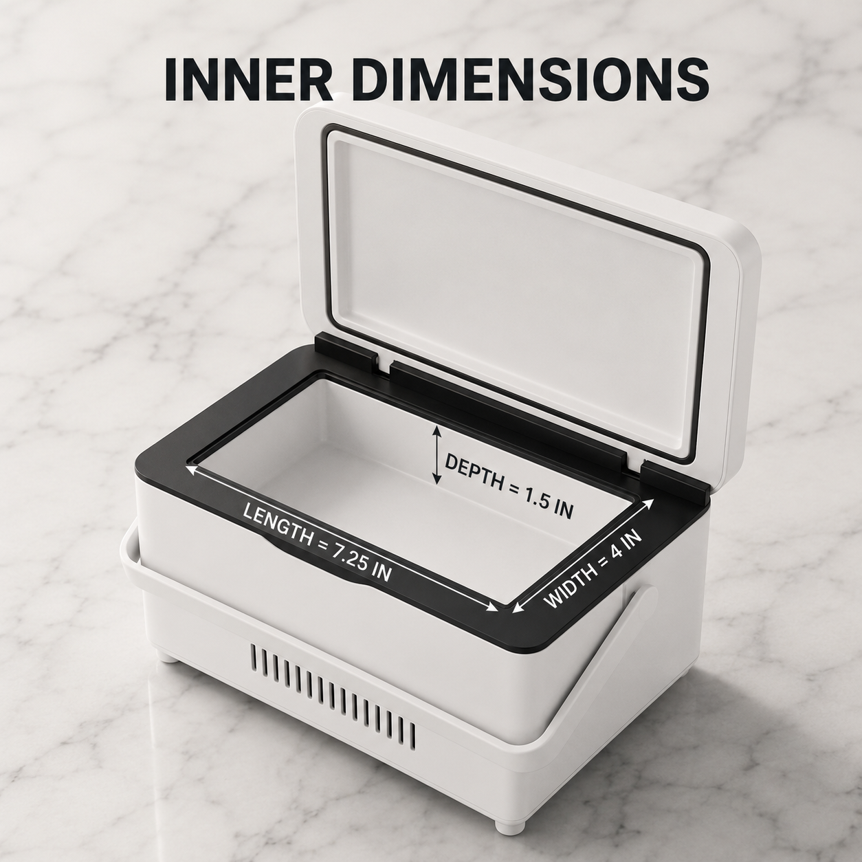 DoseDock Plus open lid showing inner dimensions: length 7.25 inches, width 4 inches, depth 1.5 inches, spacious interior for peptide vials and insulin pens