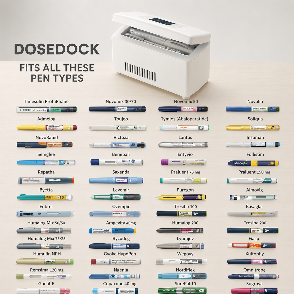 DoseDock cooler compatibility chart showing it fits all major insulin and GLP-1 pen types including Ozempic, Wegovy, Saxenda, Victoza, Lantus, Tresiba, Humalog and 40+ more pen brands