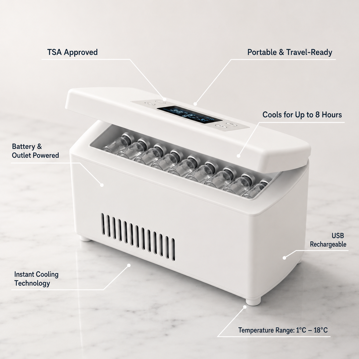 DoseDock peptide cooler feature callout showing TSA Approved, portable travel-ready design, 8-hour battery life, USB rechargeable, instant cooling technology, temperature range 1°C to 18°C