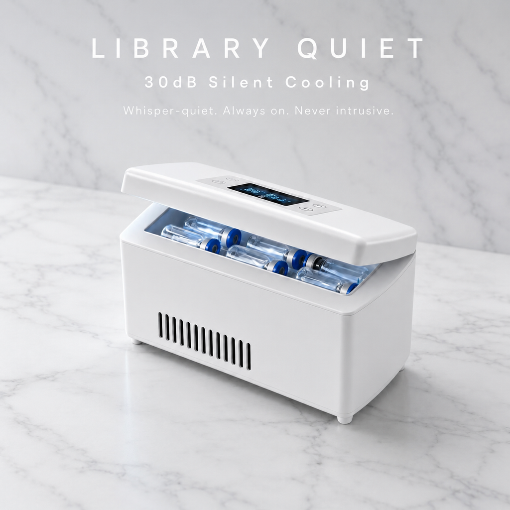 DoseDock insulin and peptide cooler on marble surface with open lid showing vials inside, 30dB silent cooling technology, whisper-quiet operation