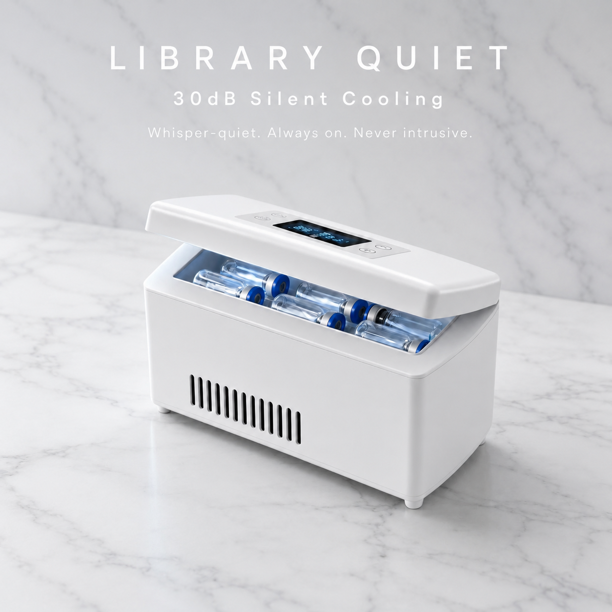 DoseDock insulin and peptide cooler on marble surface with open lid showing vials inside, 30dB silent cooling technology, whisper-quiet operation