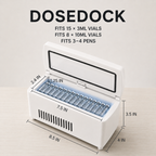 DoseDock travel cooler open lid with dimension diagram showing 8.5x4x3.5 inch size, fits 15 x 3ml vials, 8 x 10ml vials, or 3-4 pens