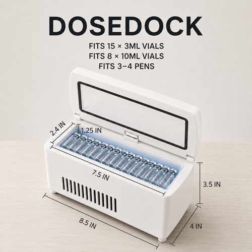 DoseDock travel cooler open lid with dimension diagram showing 8.5x4x3.5 inch size, fits 15 x 3ml vials, 8 x 10ml vials, or 3-4 pens