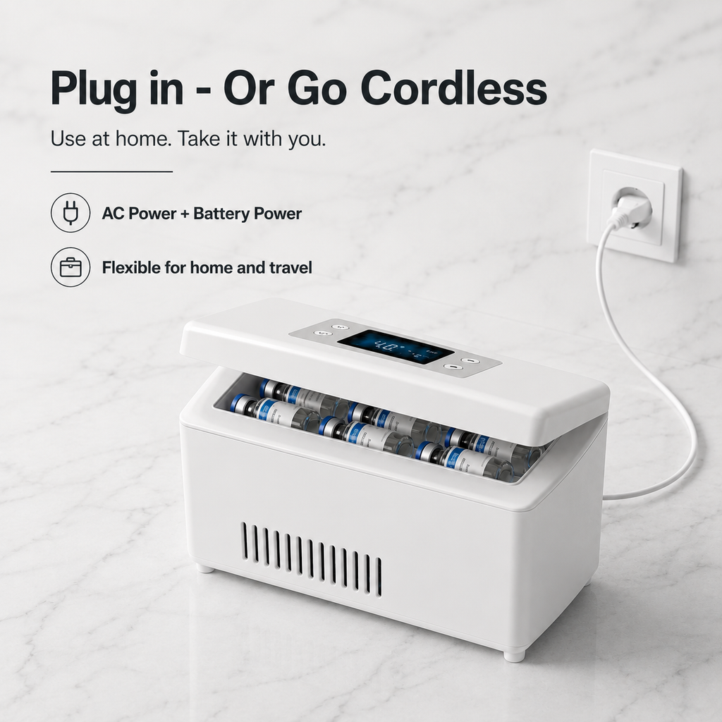 DoseDock travel cooler plugged into wall outlet showing AC power and battery dual-power modes, flexible for home and travel use, digital temperature display set to 4°C