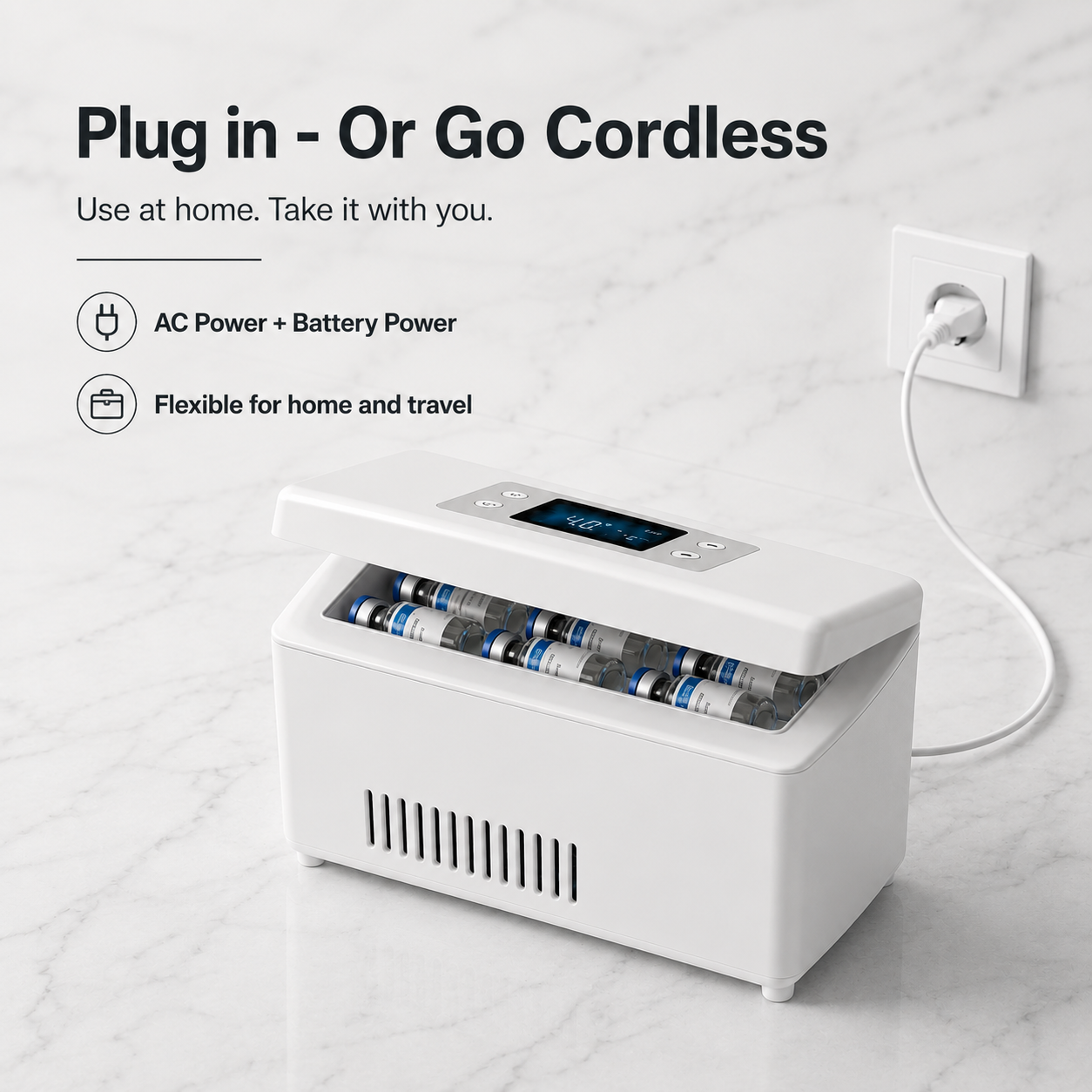 DoseDock travel cooler plugged into wall outlet showing AC power and battery dual-power modes, flexible for home and travel use, digital temperature display set to 4°C