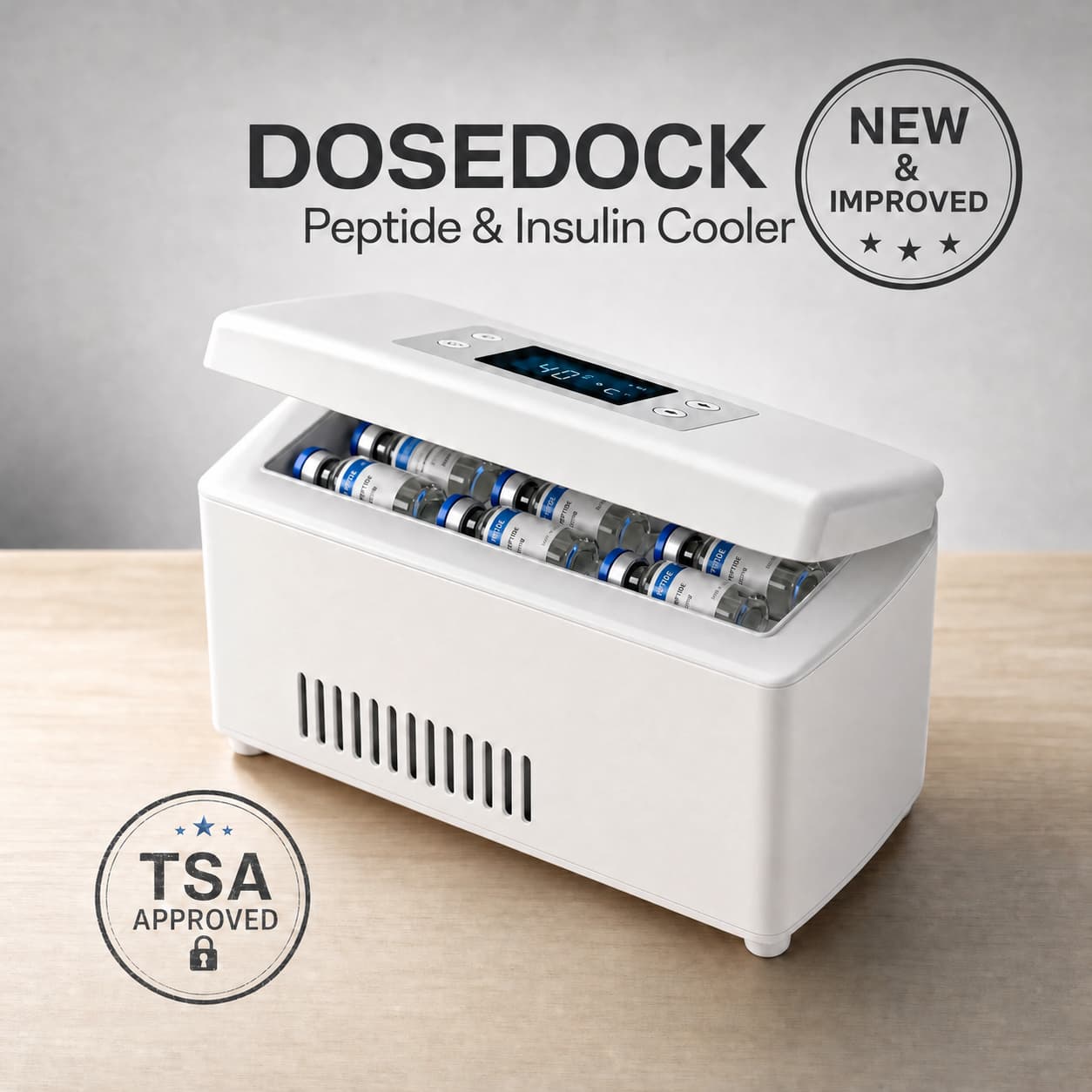 DoseDock Peptide & Insulin Travel Cooler open lid showing vials inside, digital temperature display set to 4°C, TSA Approved, portable white design