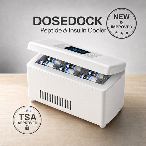 DoseDock Peptide & Insulin Travel Cooler open lid showing vials inside, digital temperature display set to 4°C, TSA Approved, portable white design