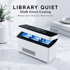 DoseDock peptide cooler open on marble surface showing vials inside blue-lit interior, Library Quiet 30dB silent cooling, whisper-quiet always-on operation