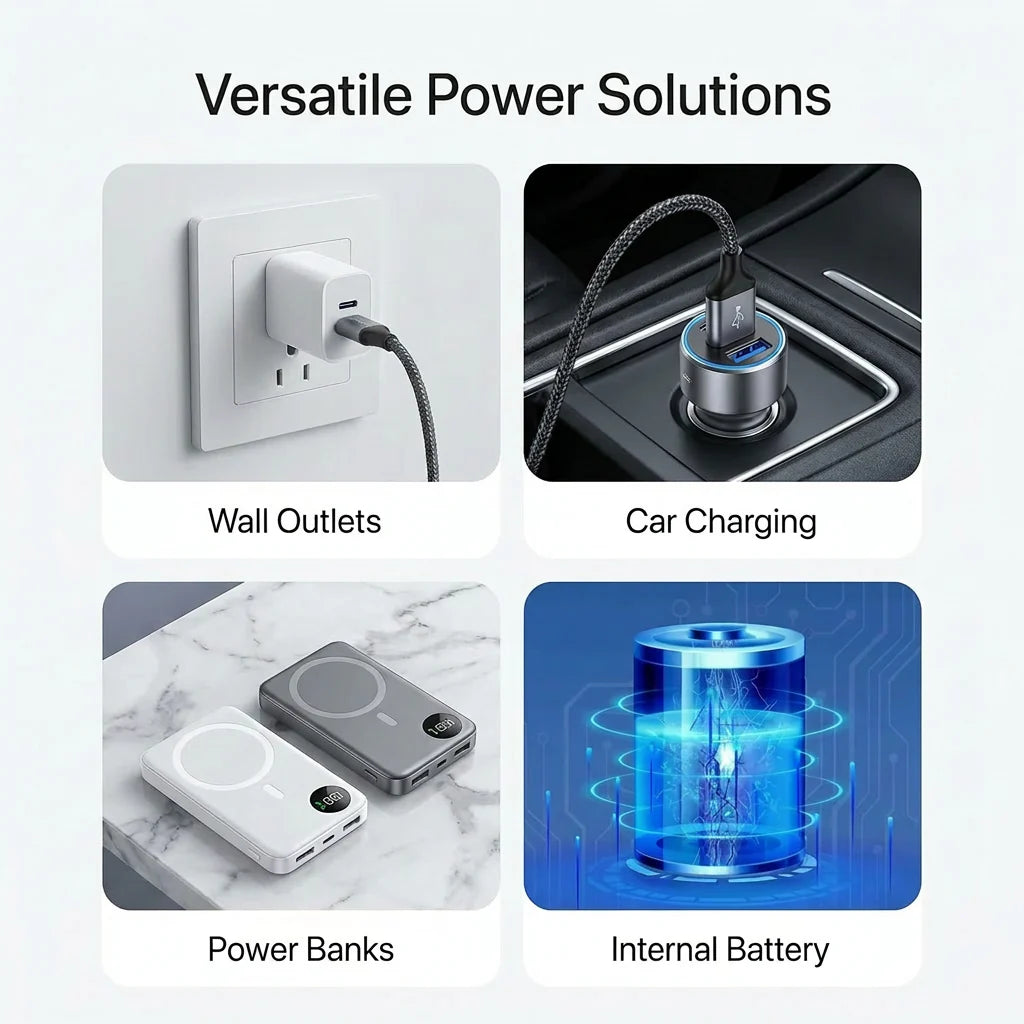 DoseDock Plus versatile power solutions: wall outlets, car charging, power banks, and internal battery, four charging options for home and travel use